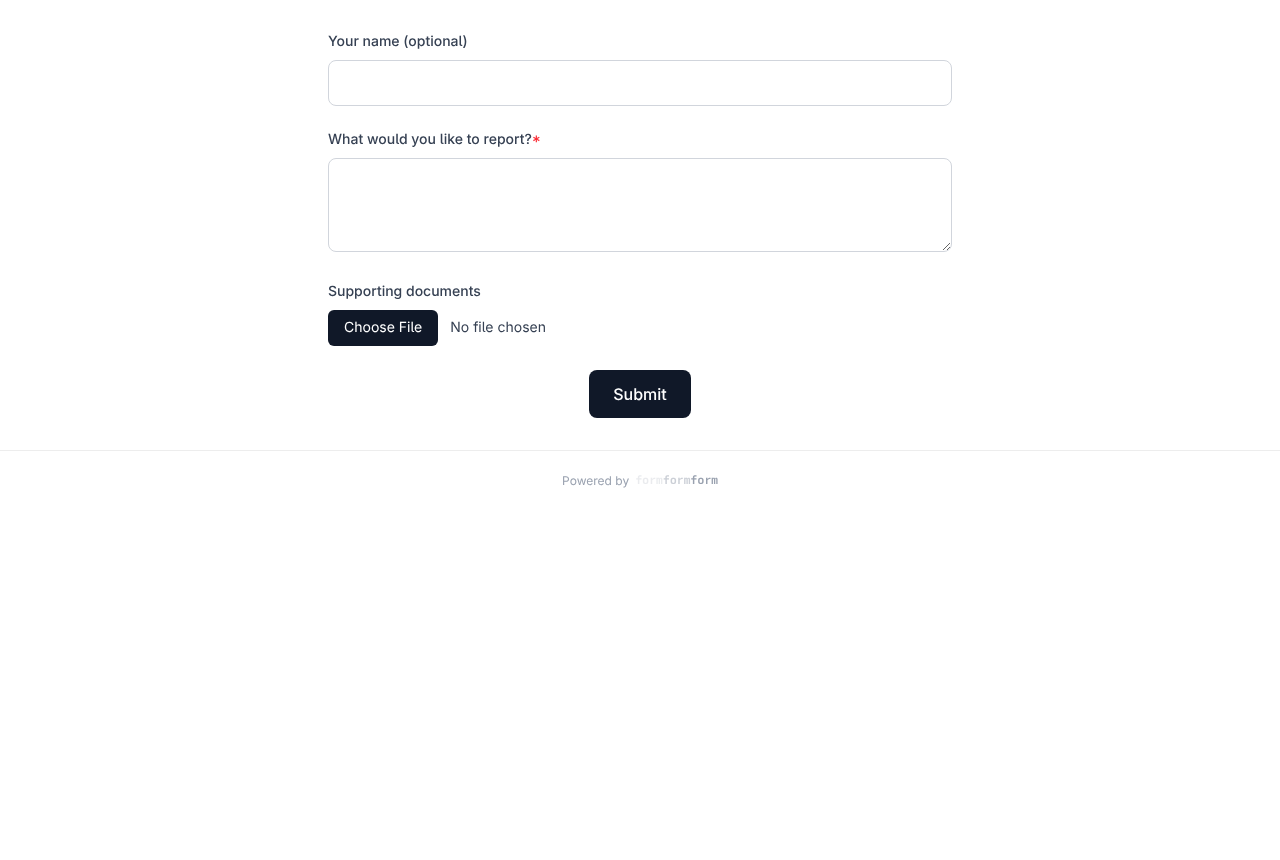 The public side of an encrypted form — a name field, the report itself, a supporting-documents upload. Filling it in is no different; the sealing happens on Submit.
