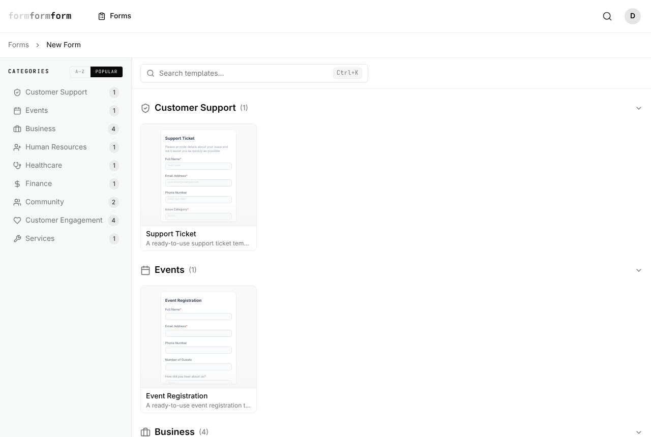 The template gallery behind New Form: categories on the left, searchable templates in the middle.