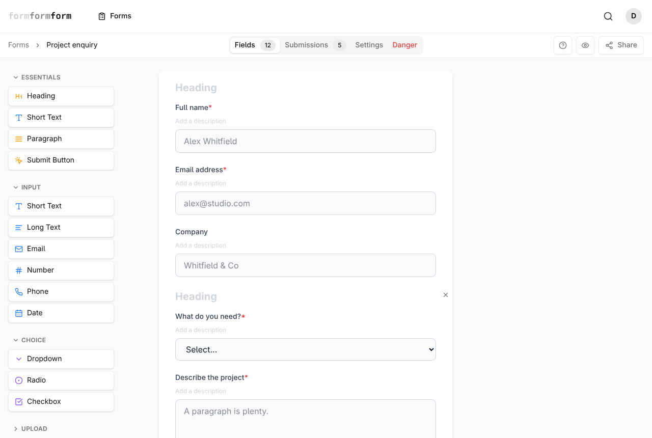 The Fields tab: palette on the left, form in the middle. Selecting a field opens the Field Properties panel, where logic lives.