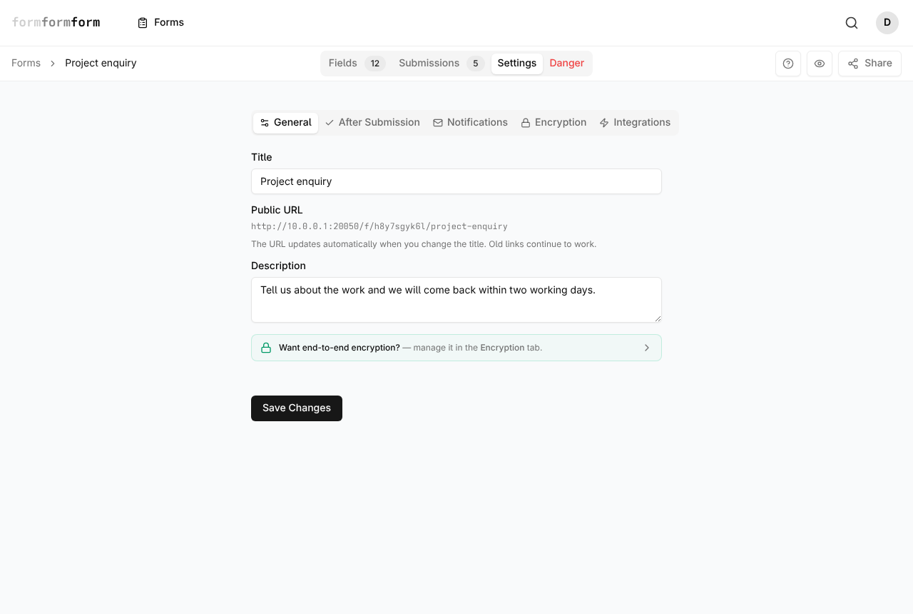 The Settings tab, open on General. Notifications is the third sub-tab along, between After Submission and Encryption.