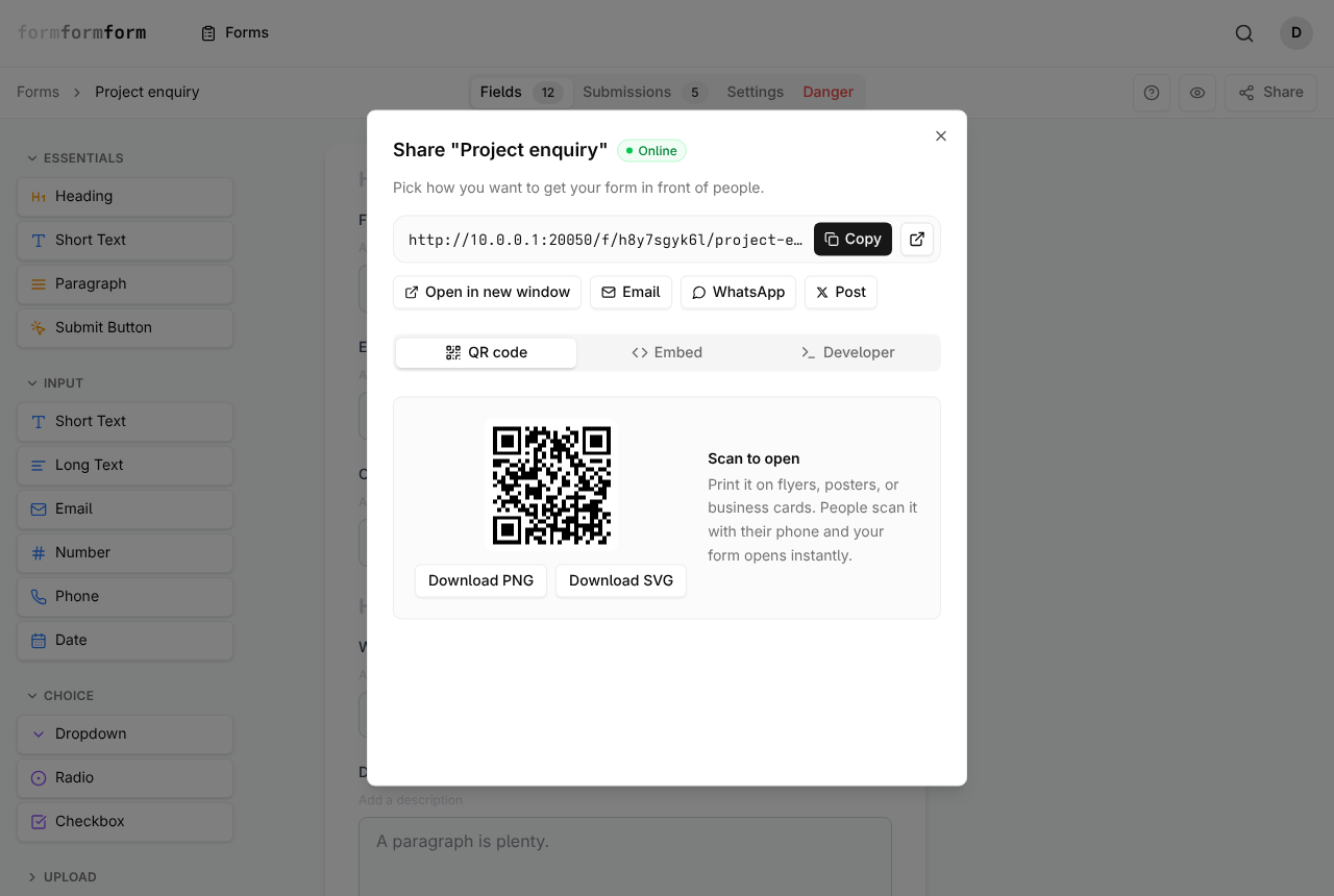 The Share dialog, open on QR code. Embed holds both the script tag and the iframe.