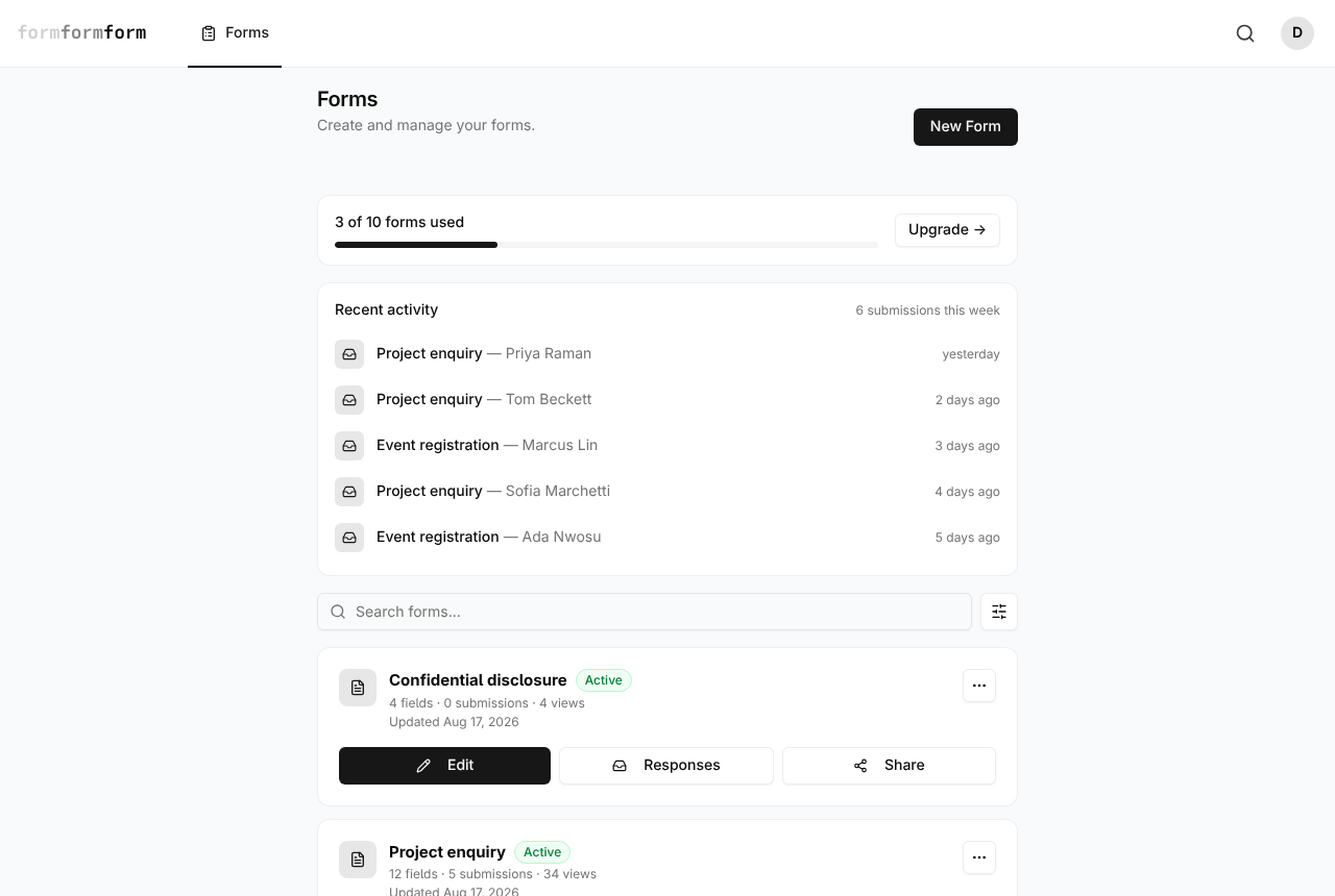 The Forms page: New Form top right, with Edit, Responses and Share on every card.