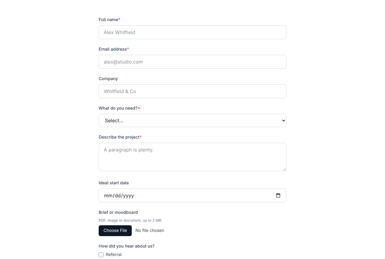 The public page: required fields carry a red asterisk, and the file field states its limit under the label.