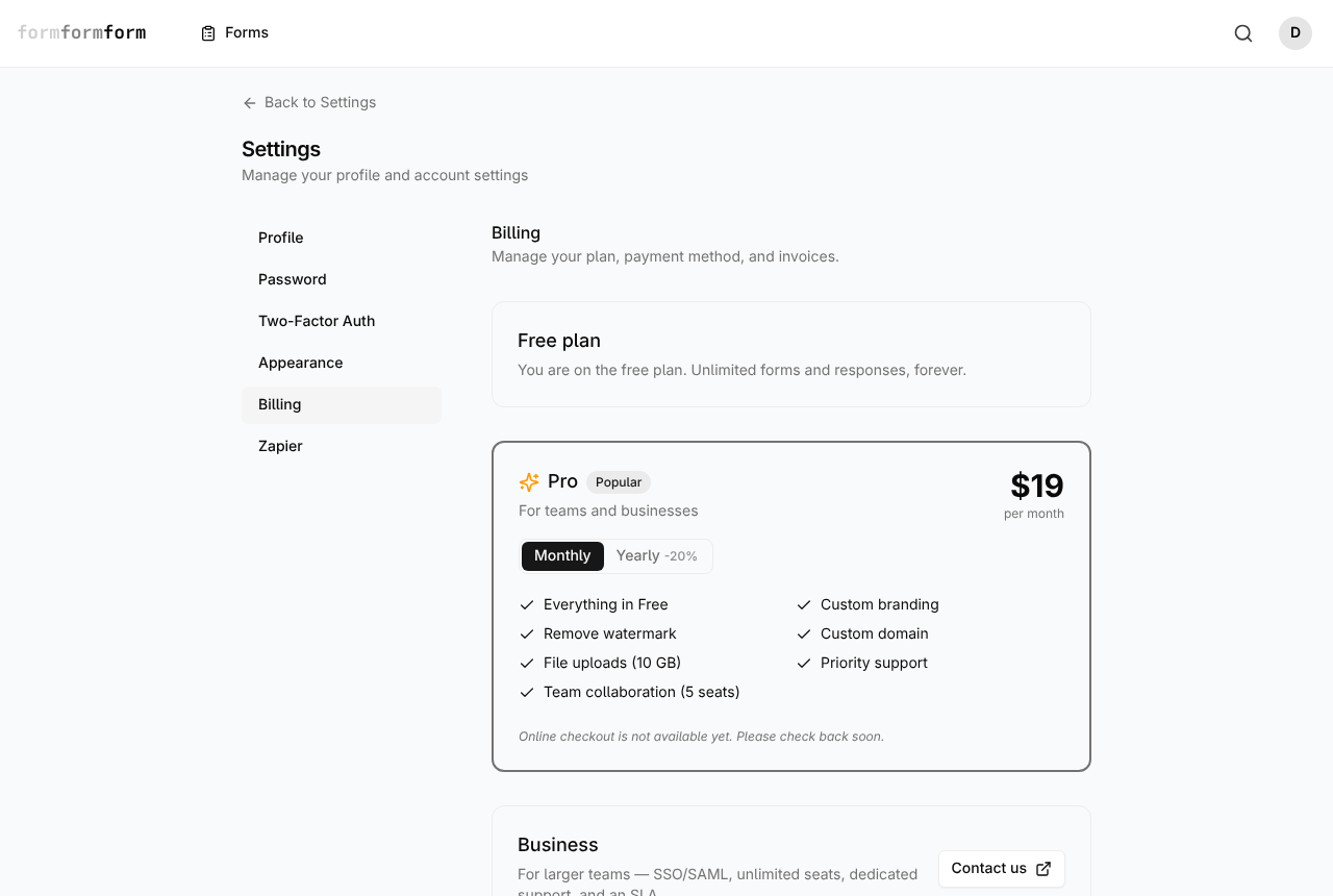Settings → Billing: your current plan at the top, the Pro card beneath it, and Business at the foot of the page.