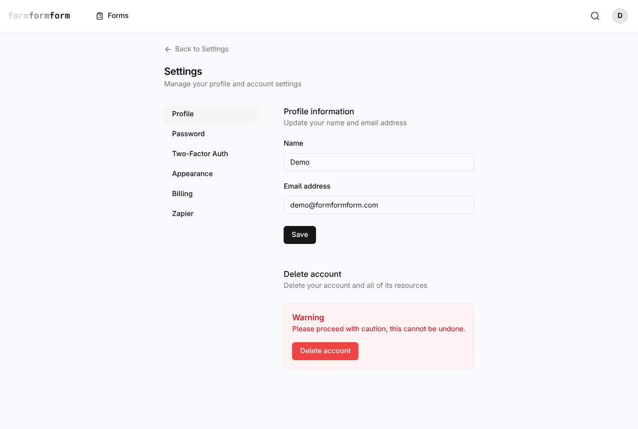 Settings → Profile. Delete account sits below the name and email fields.