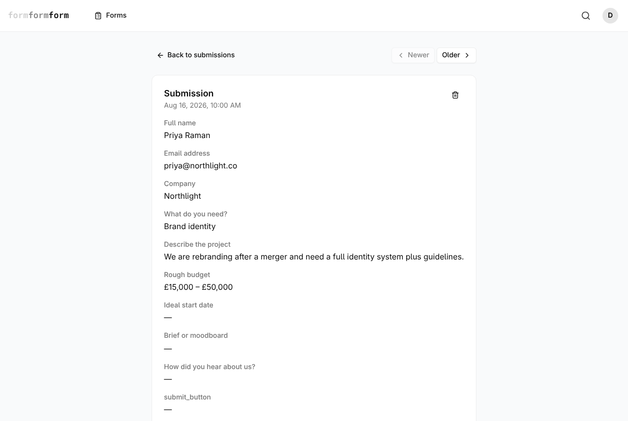 One submission read top to bottom. A dash means that field was left empty.