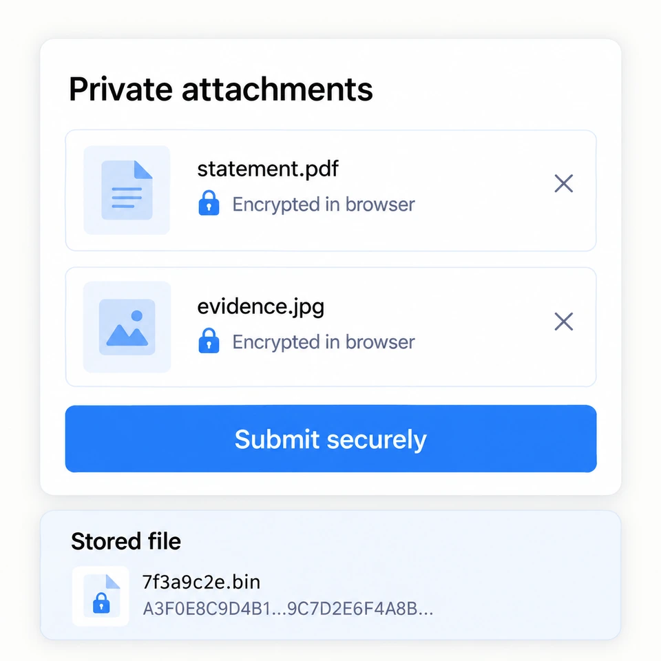 File contents are encrypted in the browser before upload, and the server receives unreadable ciphertext.