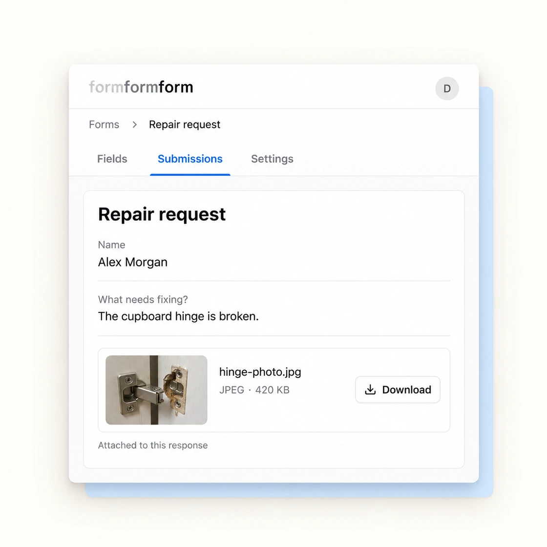 A repair-request submission keeps the customer's explanation beside a hinge-photo attachment, its size and its Download button.