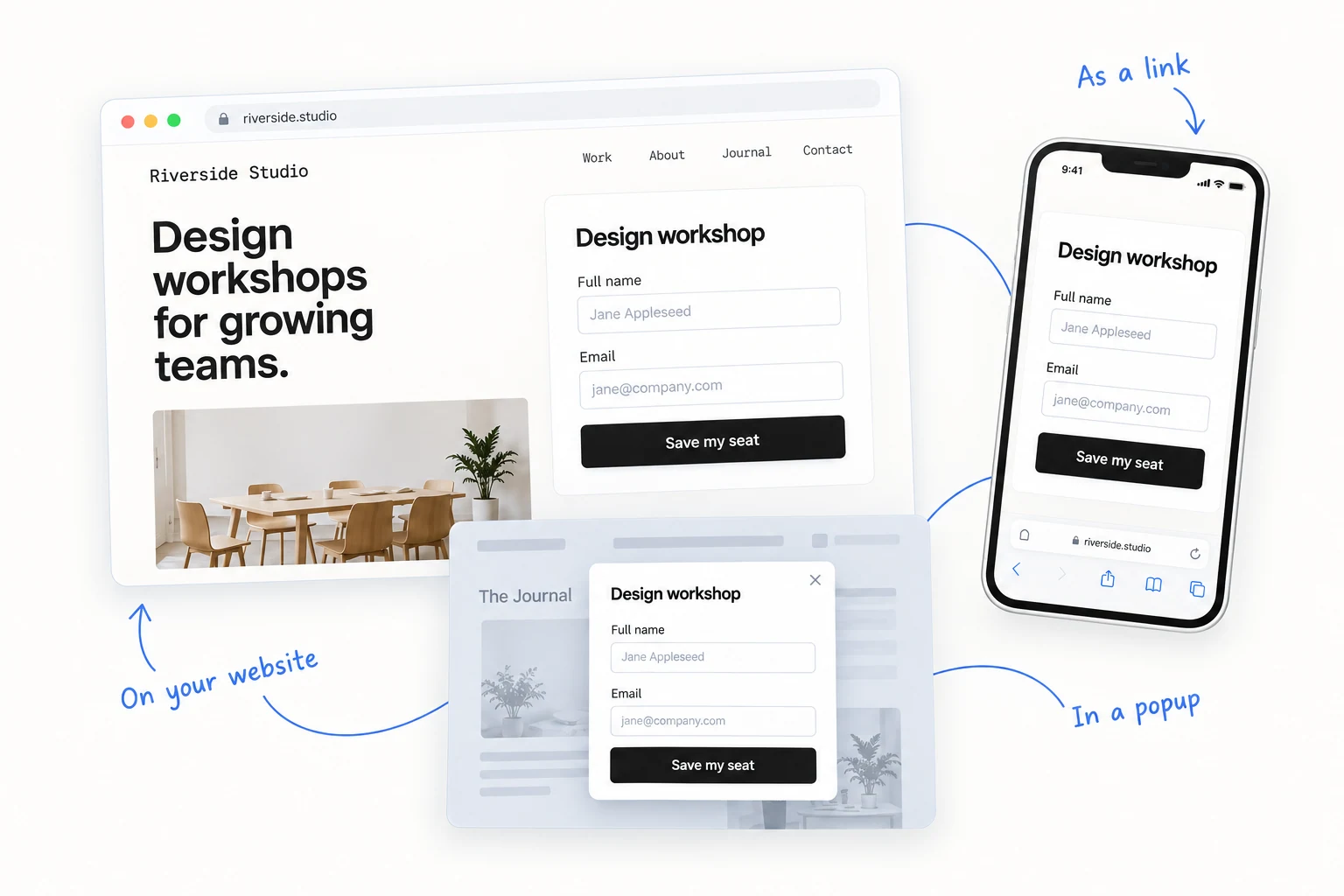 The same workshop form embedded in a studio website, opened on a phone, and displayed in a website popup.