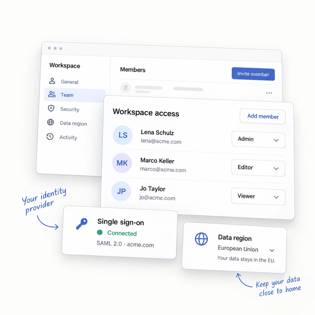 Workspace roles for Admin, Editor and Viewer alongside connected single sign-on and EU data residency.