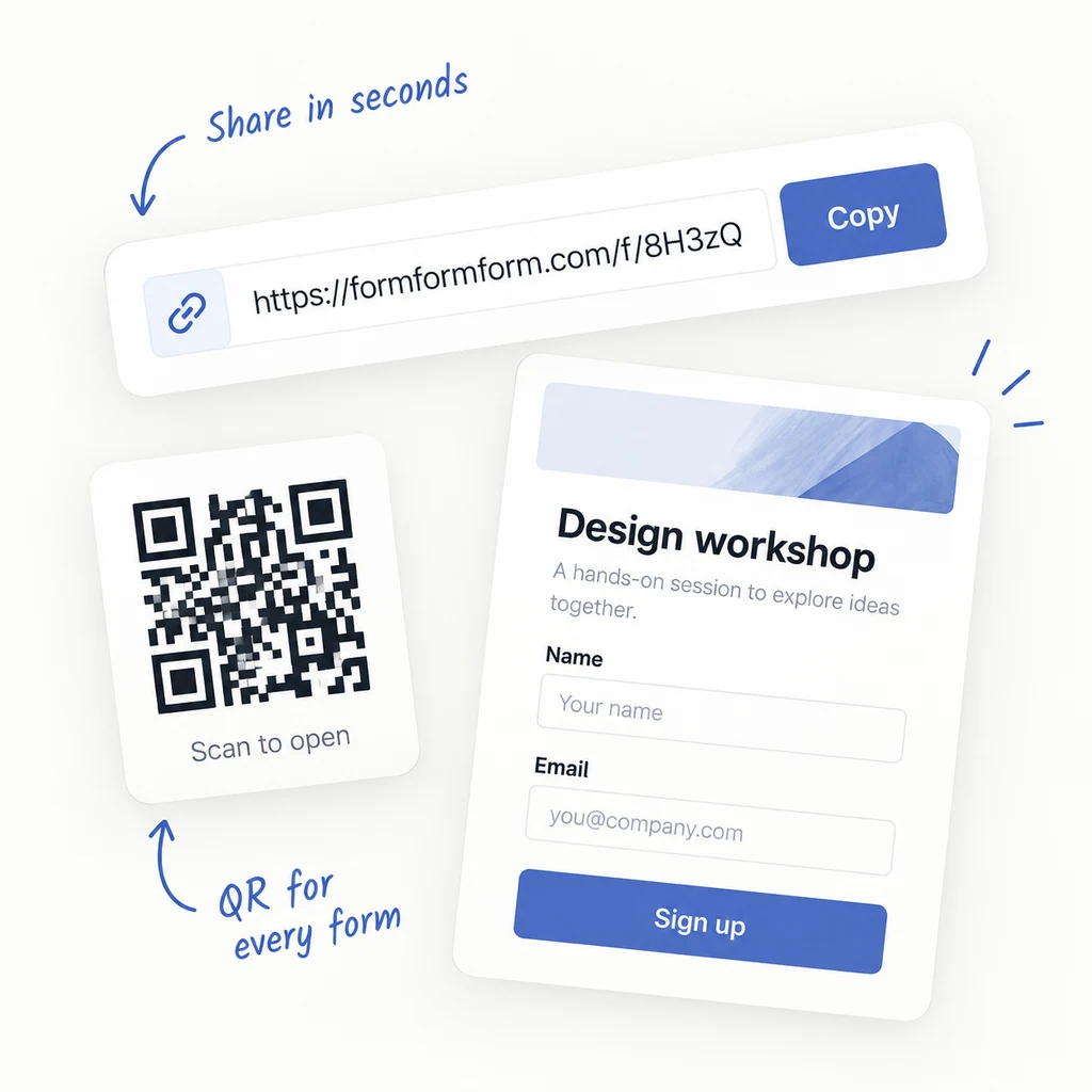 A shareable form link, QR tile and published workshop signup form.