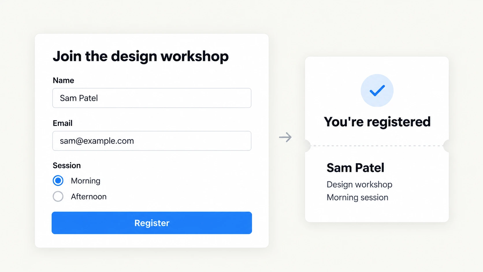 A complete workshop signup beside a confirmation for the selected session.
