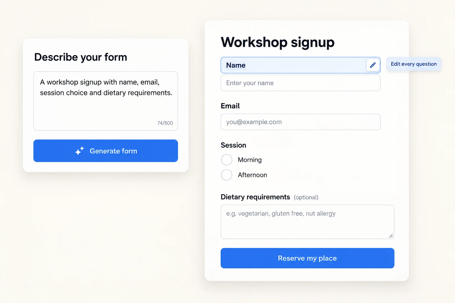 A workshop signup brief beside the resulting editable name, email, session and dietary questions.