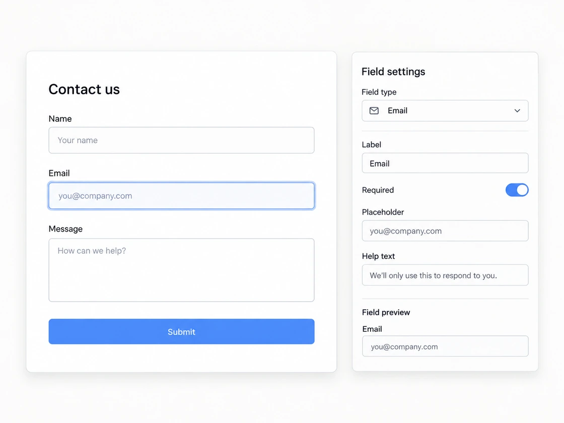 The field palette, editable form and properties for a selected field.