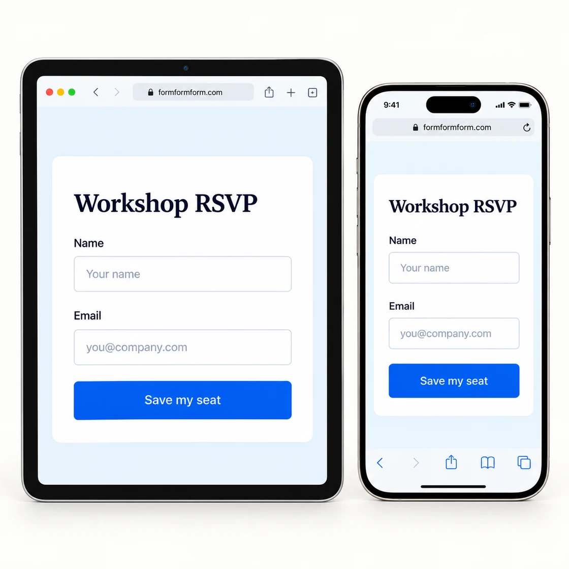 The same complete workshop RSVP form adapts to a wide tablet and a narrow phone screen.