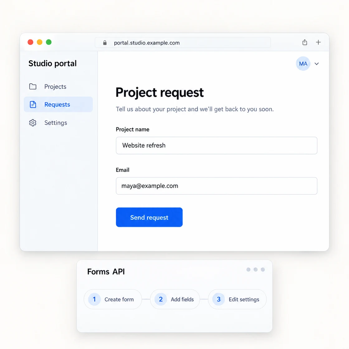 A complete project request form inside a client portal, created and configured through the Forms API.