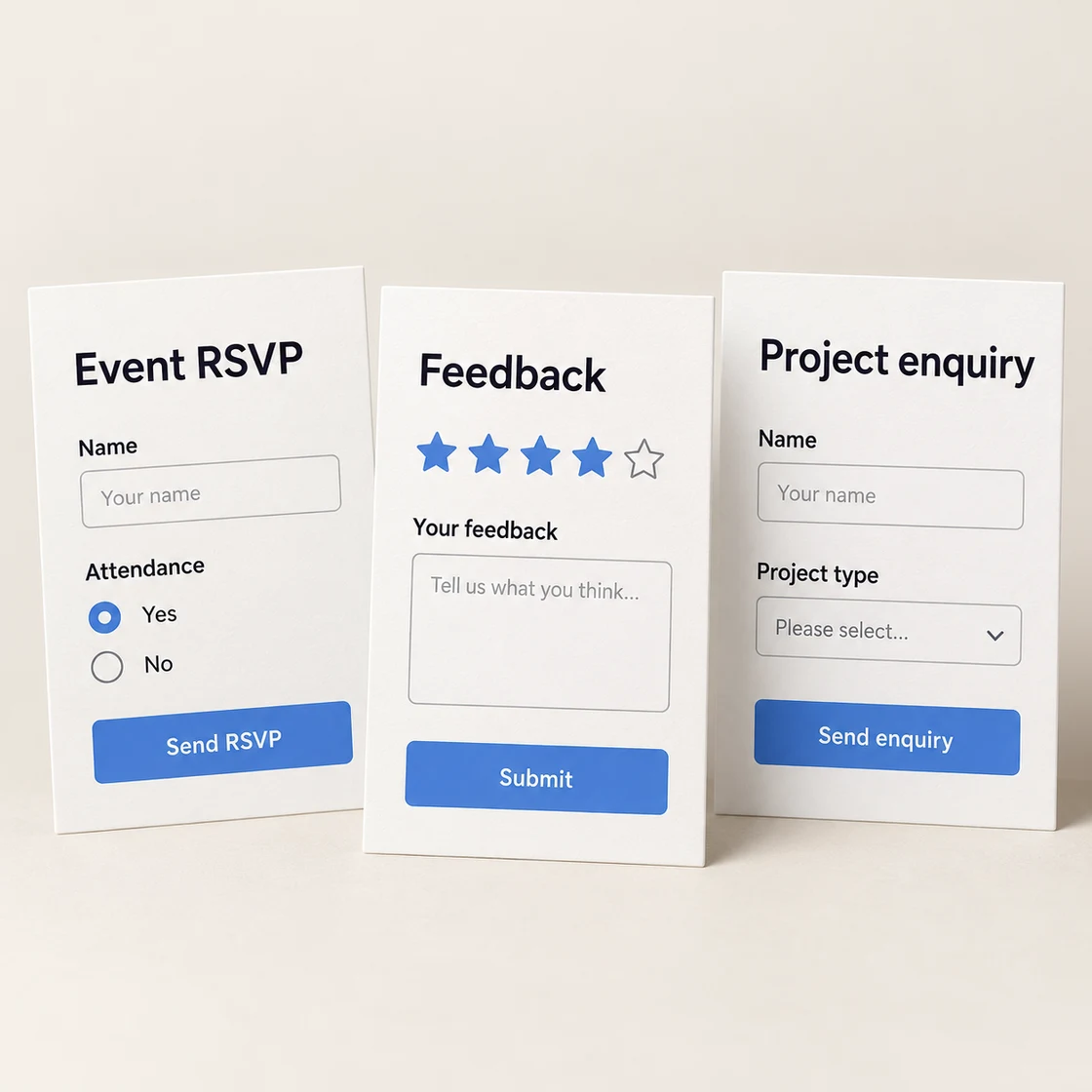 Complete event RSVP, feedback and project enquiry forms that start with their titles and fields.