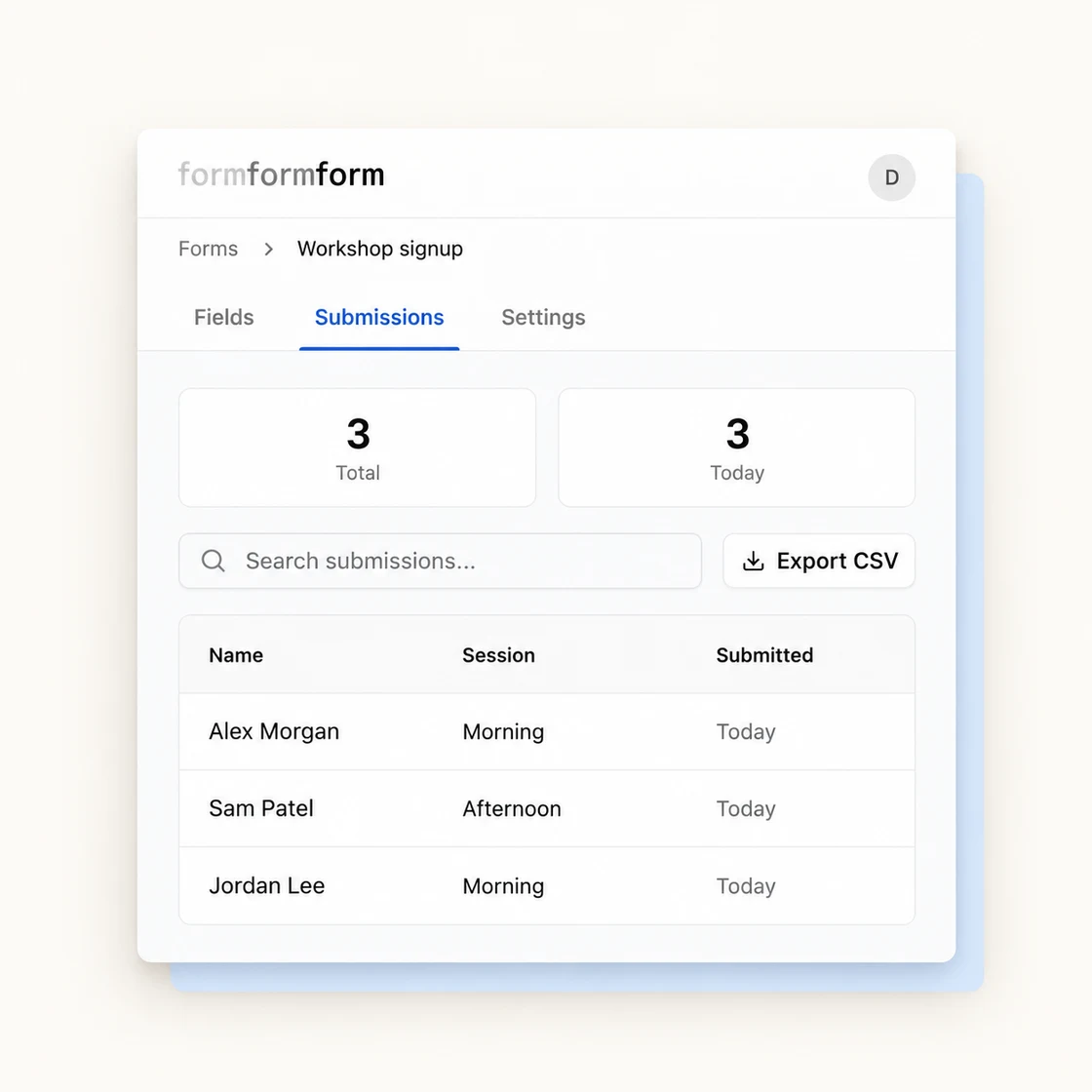 A searchable table of workshop submissions, with names, sessions and CSV export.